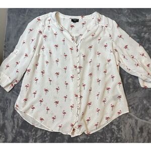 Torrid Shirt Womens Size 00 Harper Flamingos Lightweight Polka Dots Tab Sleeve